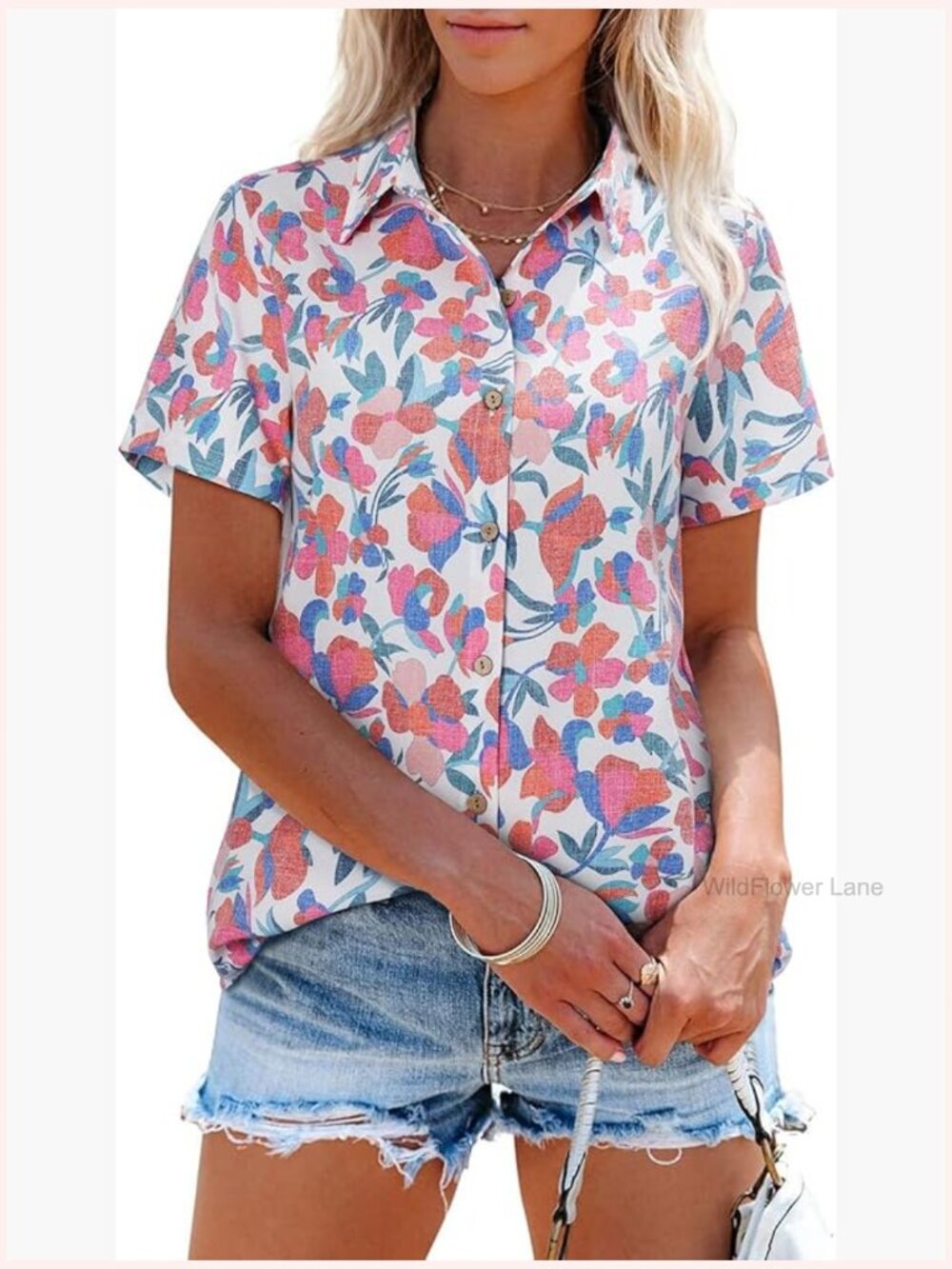 Womens Short Sleeve Linen Button Down V Neck Floral Casual Blouse
